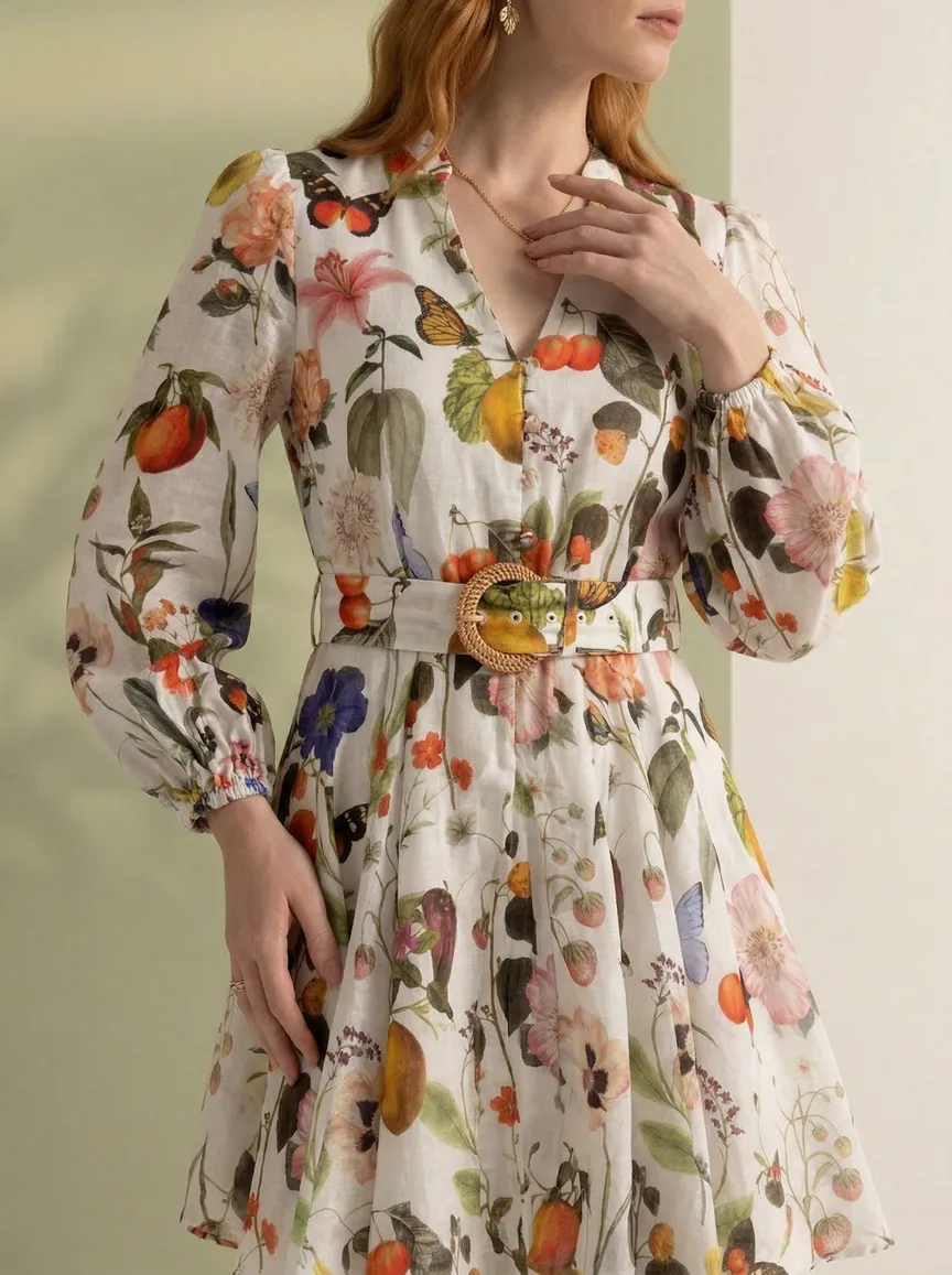 MODA AI catalog angle 3 for the Forever New floral dress — side print detail, belt-buckle close-up, or back print from the same one-credit set