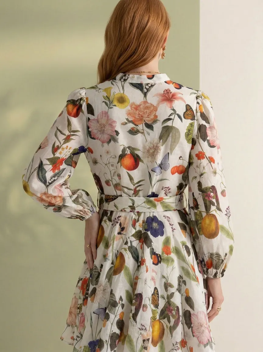 MODA AI catalog angle 4 for the Forever New floral dress — side print detail, belt-buckle close-up, or back print from the same one-credit set