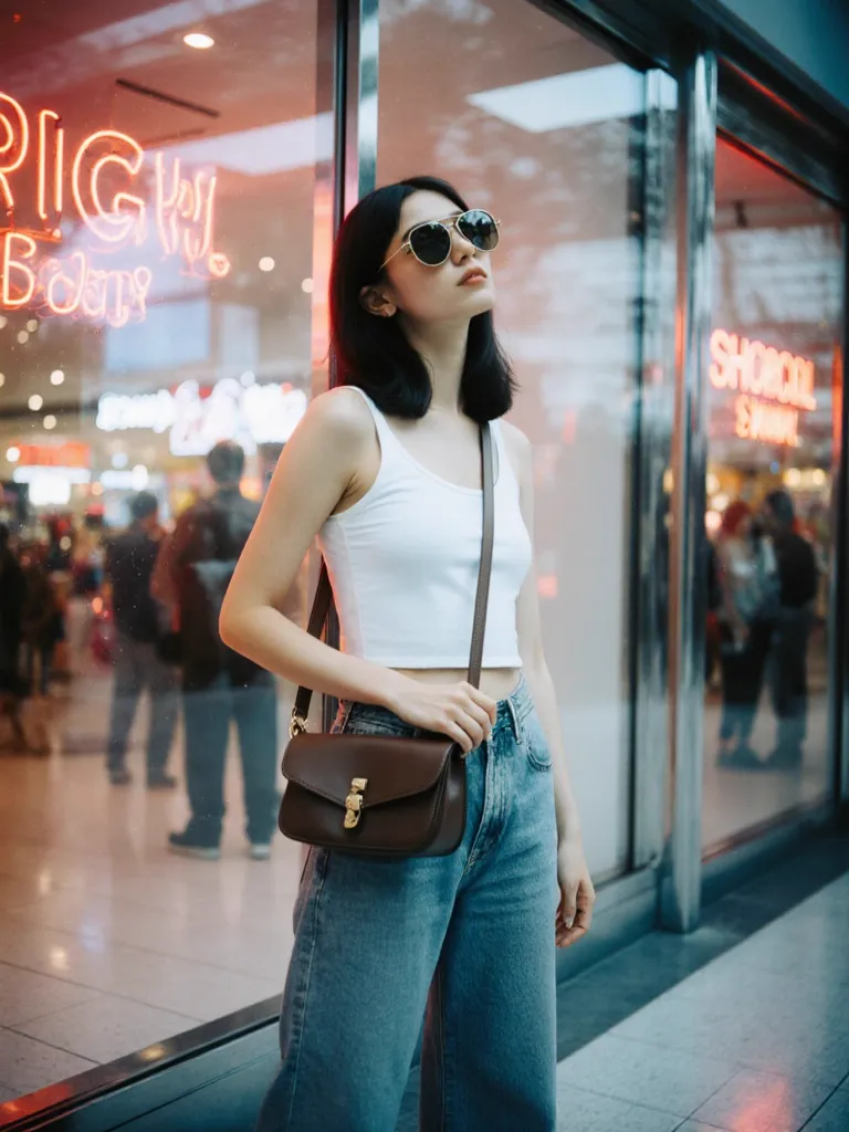 MODA AI editorial output — model in Y2K-inspired outfit, demonstrating creative styling range and model consistency with face reference