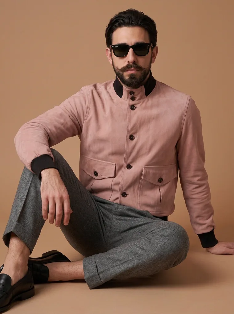 A dusty blush bomber jacket worn with grey wool trousers and a black roll neck against a warm caramel backdrop. FW26 look 01, Relaxed Bomber in Blush, frame 2 of 5
