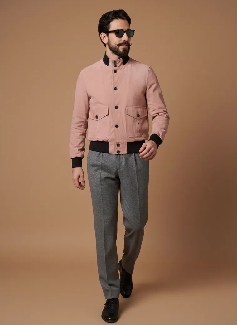 A dusty blush bomber jacket worn with grey wool trousers and a black roll neck against a warm caramel backdrop. FW26 look 01, Relaxed Bomber in Blush, frame 3 of 5