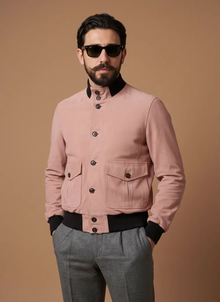 A dusty blush bomber jacket worn with grey wool trousers and a black roll neck against a warm caramel backdrop. FW26 look 01, Relaxed Bomber in Blush, frame 4 of 5