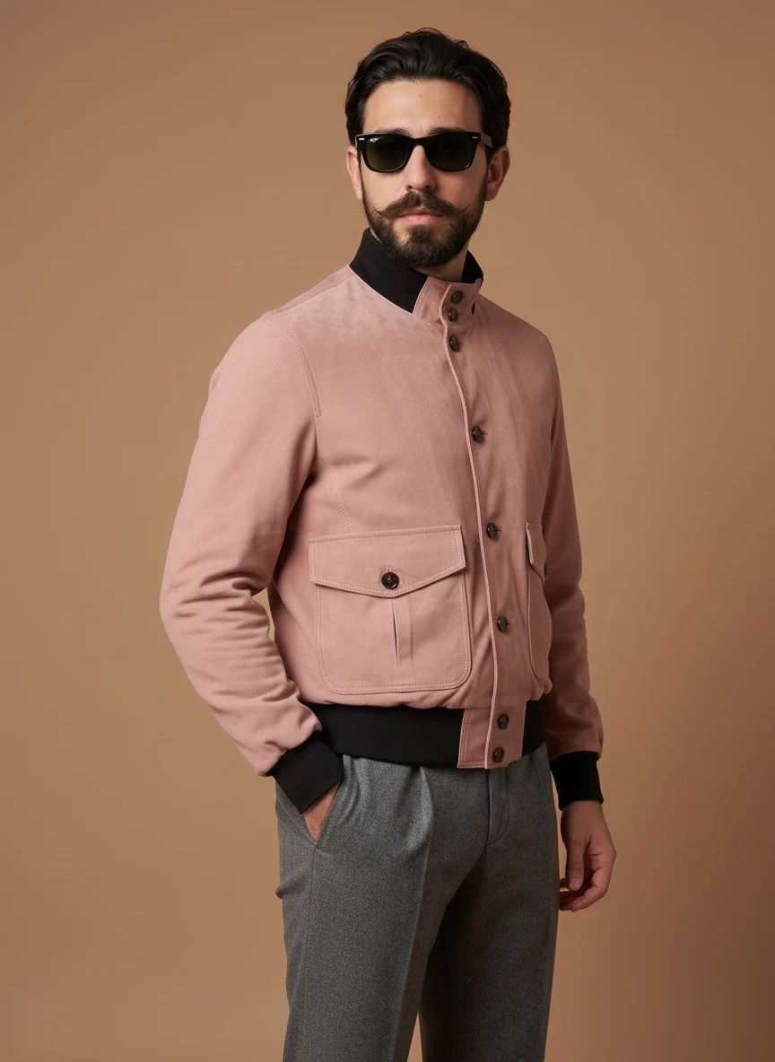 A model in a dusty blush bomber jacket with grey wool trousers and a black roll neck, photographed against a warm caramel backdrop, opening look of the FW26 edit