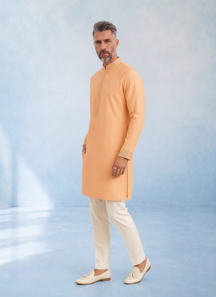 A peach kurta with cream churidar trousers and cream loafers against a pale blue painted backdrop. FW26 look 03, New Neutral in Peach, frame 4 of 5