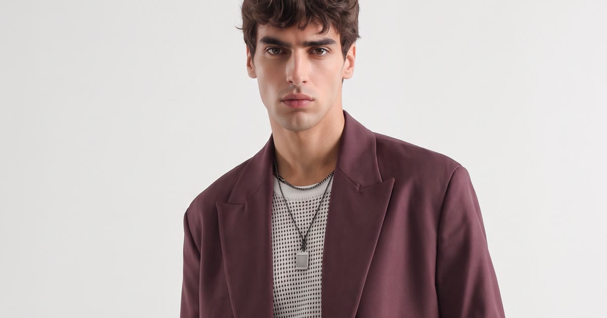 A model in an oversized burgundy blazer over a fine striped knit, one of twenty FW26 looks in this seasonal trend edit