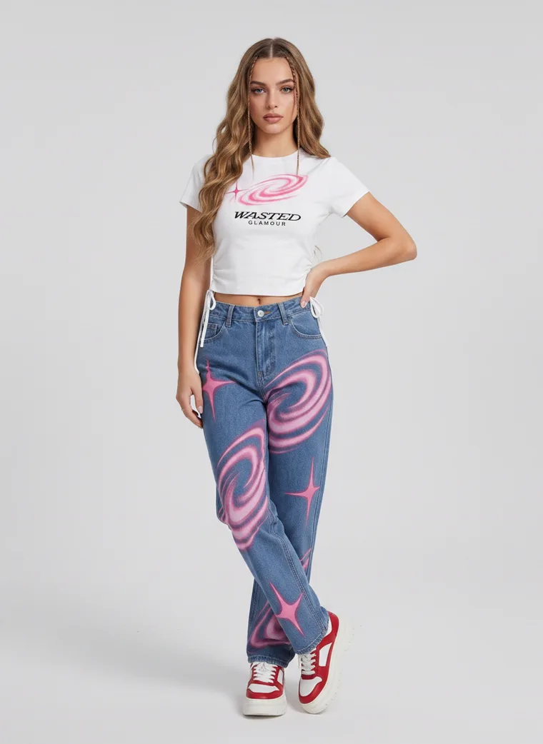 A model in a white cropped tee with blue jeans printed in pink swirl and star graphics, FW26 look 13
