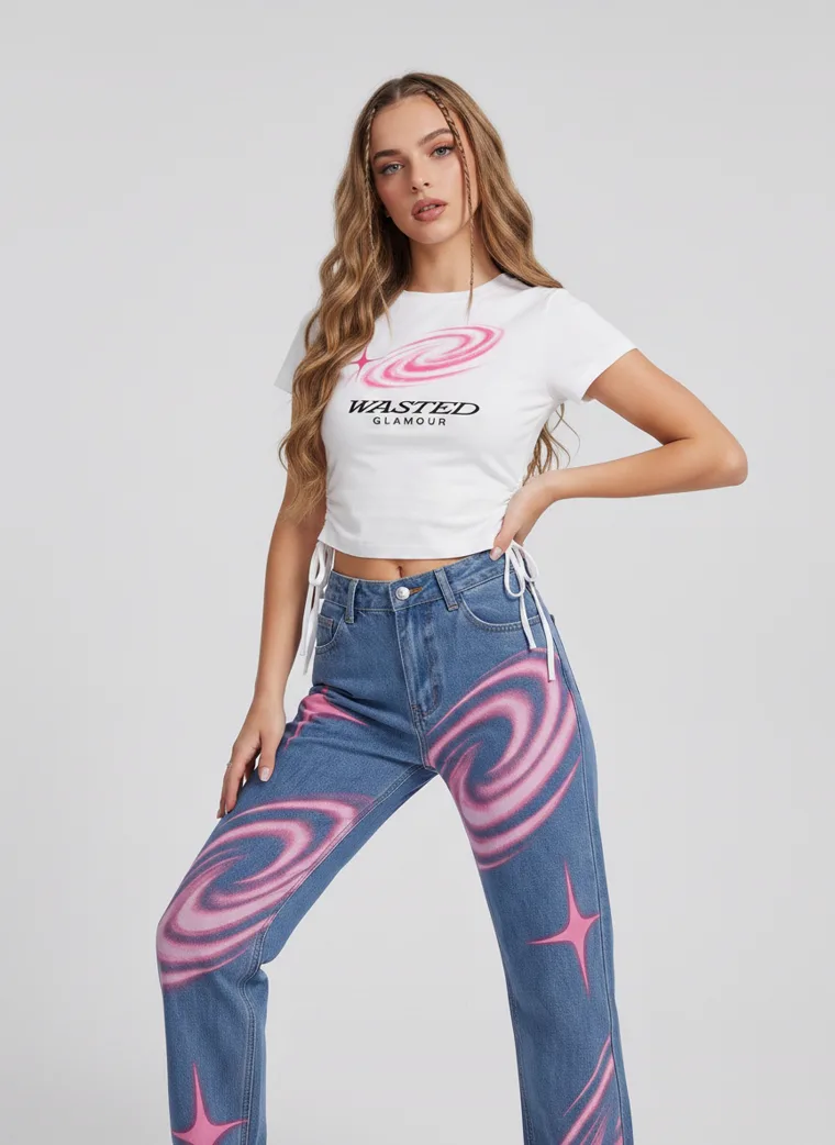 A white cropped tee with blue jeans printed in pink swirl and star graphics. FW26 look 13, Statement Surface in Denim, frame 2 of 5