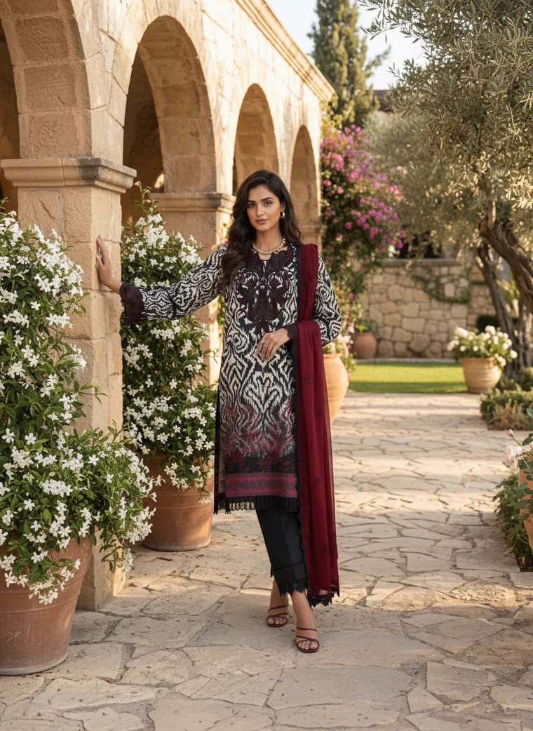A model in a monochrome printed kurta with a deep burgundy dupatta and black trousers, photographed in a Mediterranean courtyard with olive trees and terracotta pots, FW26 look 14