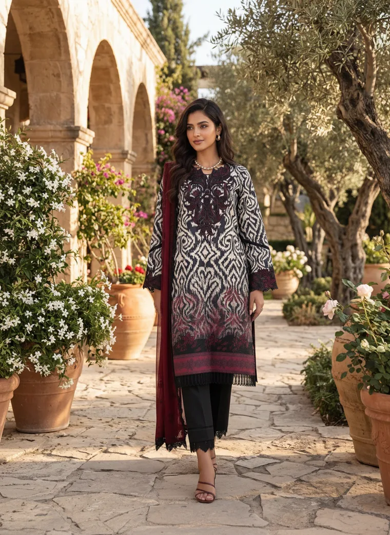 A monochrome printed kurta with a deep burgundy dupatta and black trousers, photographed in a Mediterranean courtyard. FW26 look 14, Pattern as the Look in Monochrome, frame 2 of 5