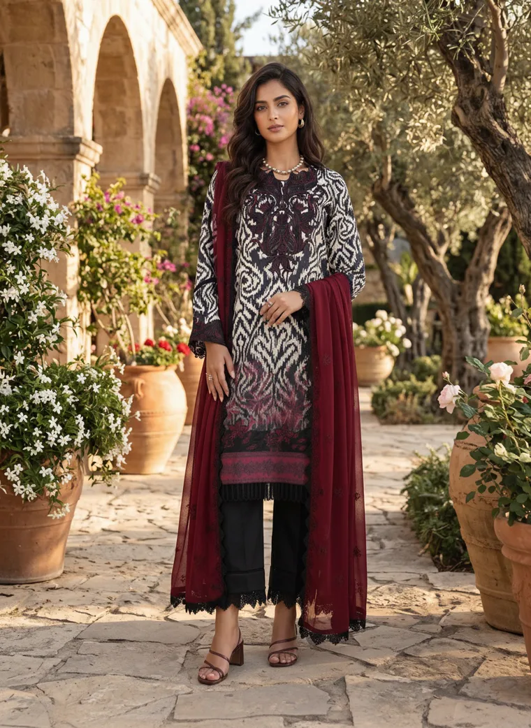 A monochrome printed kurta with a deep burgundy dupatta and black trousers, photographed in a Mediterranean courtyard. FW26 look 14, Pattern as the Look in Monochrome, frame 3 of 5