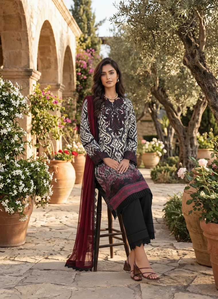 A monochrome printed kurta with a deep burgundy dupatta and black trousers, photographed in a Mediterranean courtyard. FW26 look 14, Pattern as the Look in Monochrome, frame 4 of 5