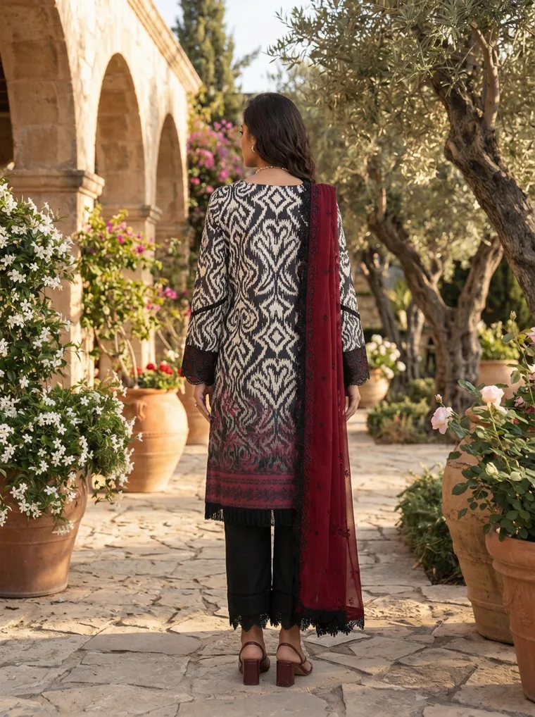 A monochrome printed kurta with a deep burgundy dupatta and black trousers, photographed in a Mediterranean courtyard. FW26 look 14, Pattern as the Look in Monochrome, frame 5 of 5
