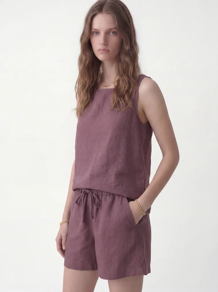 A mauve linen sleeveless top with matching drawstring shorts. FW26 look 11, Soft Utility in Mauve, frame 4 of 5