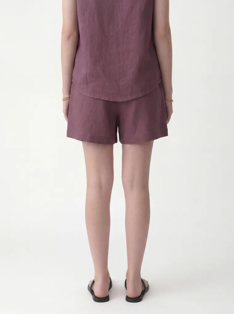 A mauve linen sleeveless top with matching drawstring shorts. FW26 look 11, Soft Utility in Mauve, frame 5 of 5