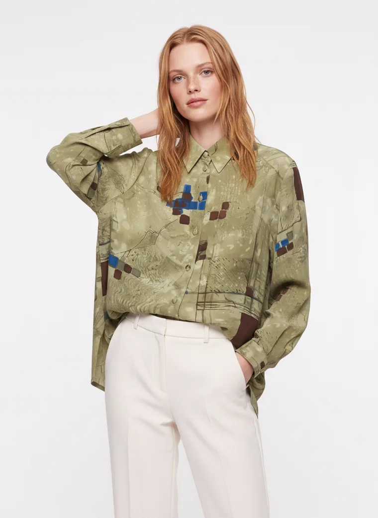 An olive abstract print oversized shirt worn open over cream wide leg trousers. FW26 look 08, Print on Ease in Olive, frame 4 of 5