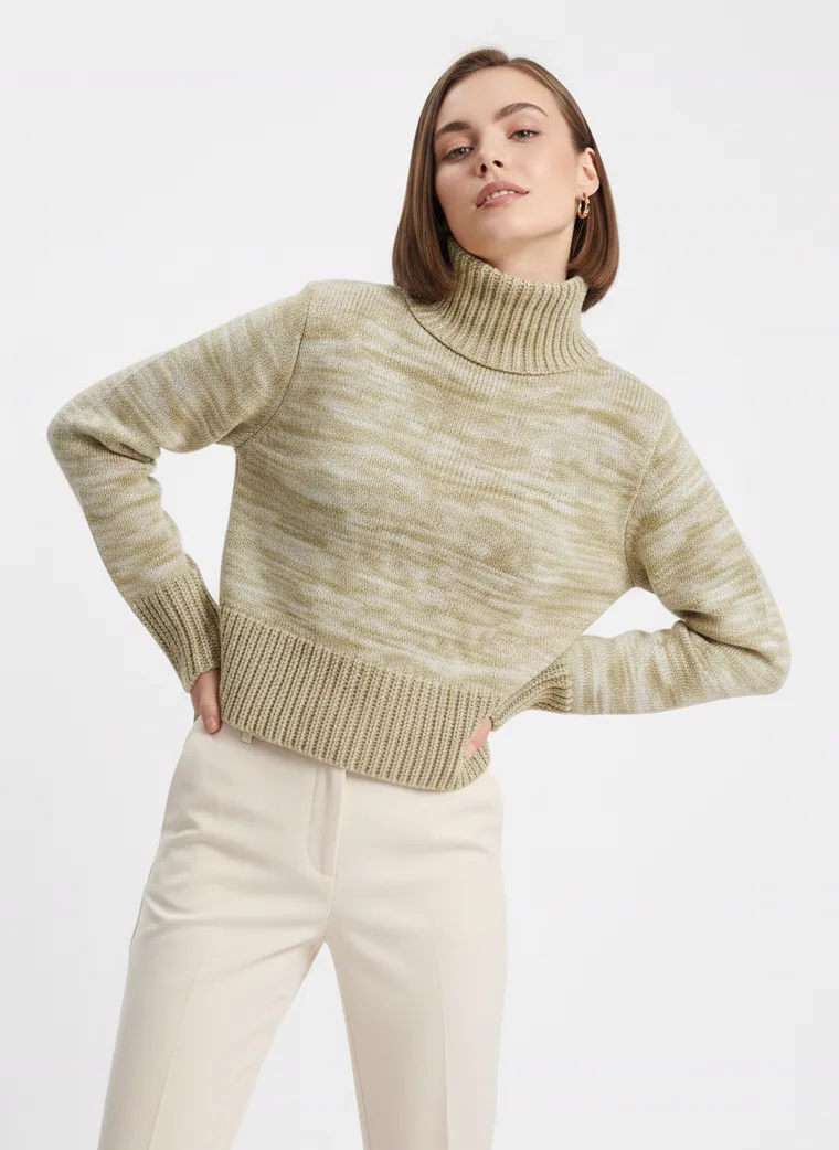 A marled sage green roll neck knit with cream tailored trousers. FW26 look 09, Soft Knit in Sage, frame 2 of 5