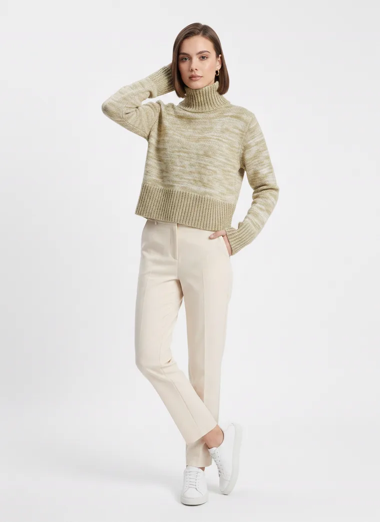 A marled sage green roll neck knit with cream tailored trousers. FW26 look 09, Soft Knit in Sage, frame 3 of 5