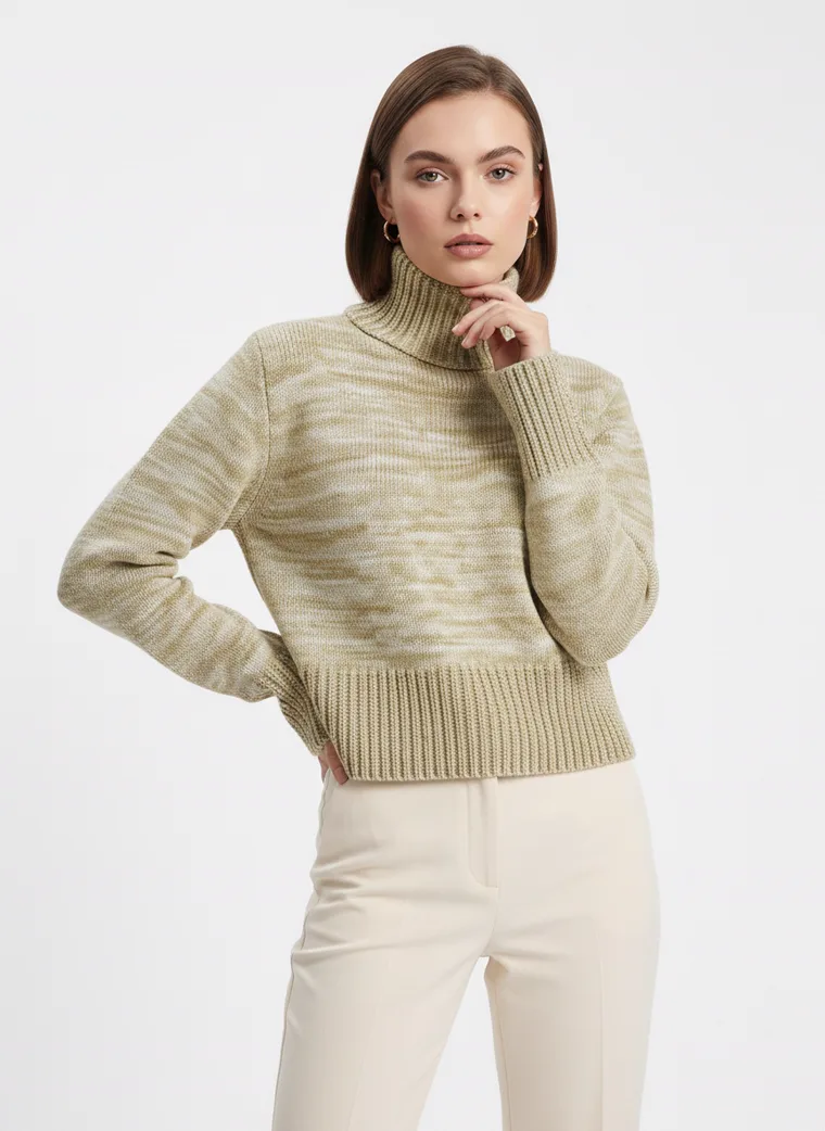 A marled sage green roll neck knit with cream tailored trousers. FW26 look 09, Soft Knit in Sage, frame 4 of 5