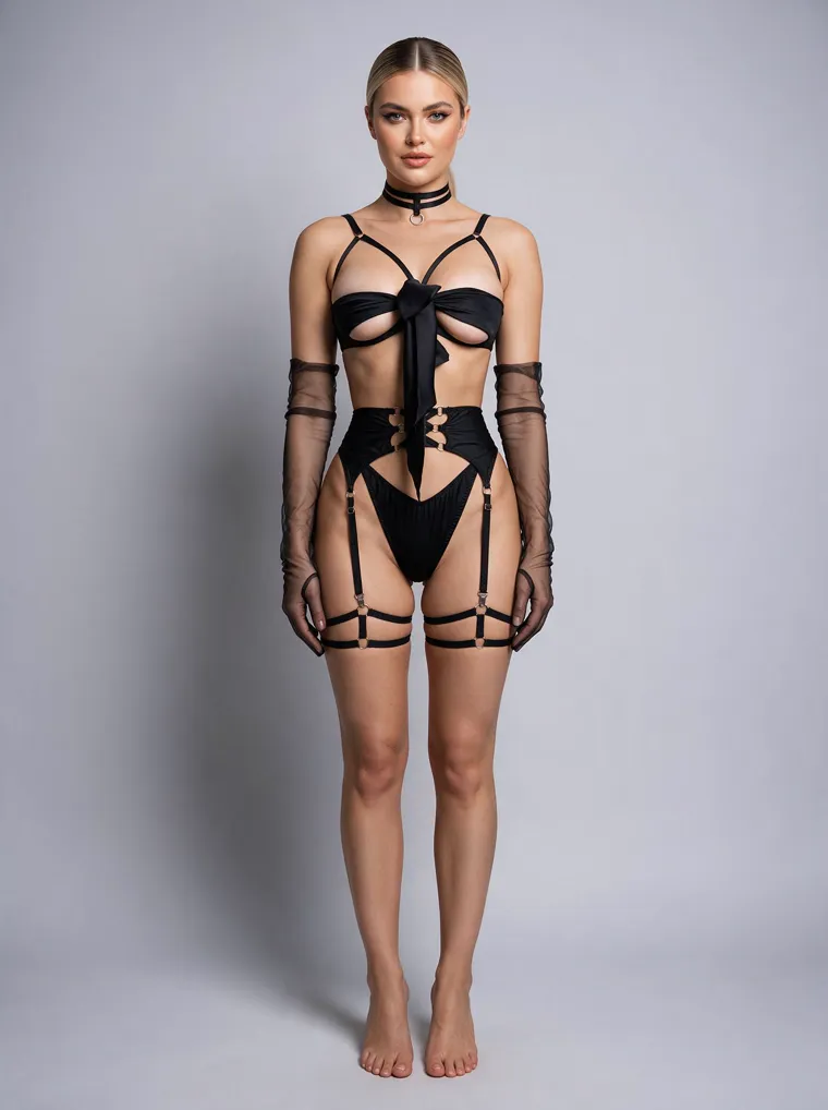 A black satin gift-wrap harness set tied with a front bow, with an O-ring choker, sheer mesh opera gloves and a leg harness, on a grey studio ground. Gift-Wrap Harness Set in black, frame 2 of 5