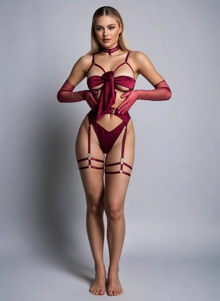 A burgundy satin gift-wrap harness set tied with a large front bow, with a matching choker, sheer opera gloves and thigh garters, on a grey studio ground. Gift-Wrap Harness Set in burgundy, frame 1 of 5