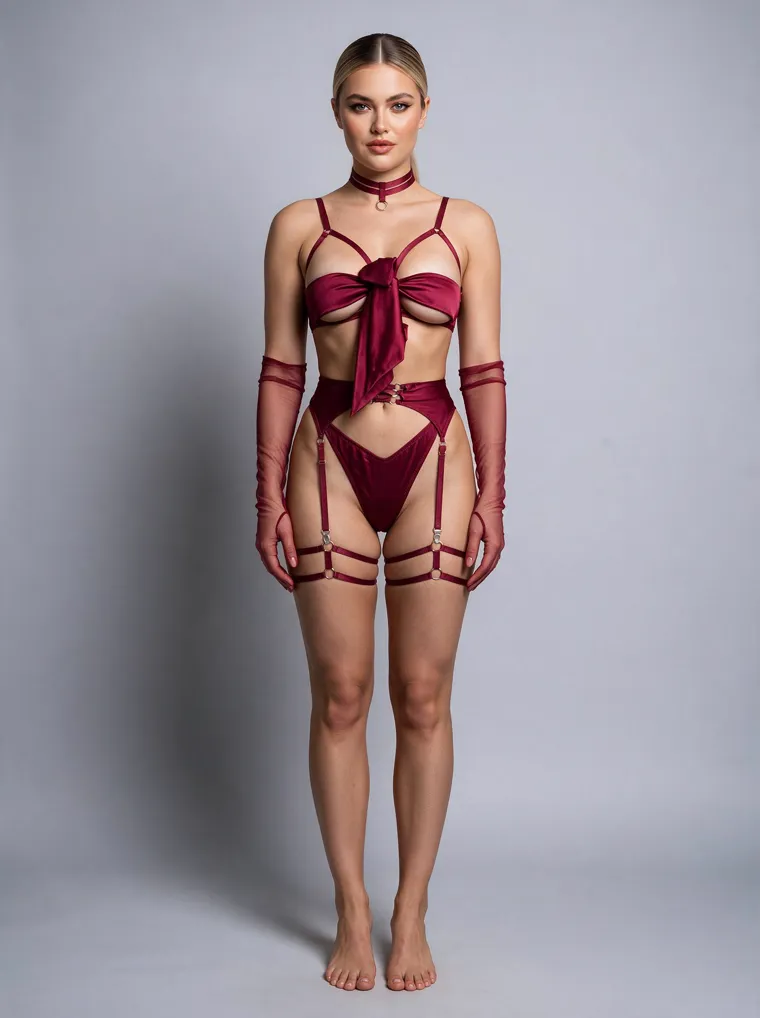 A burgundy satin gift-wrap harness set tied with a large front bow, with a matching choker, sheer opera gloves and thigh garters, on a grey studio ground. Gift-Wrap Harness Set in burgundy, frame 2 of 5