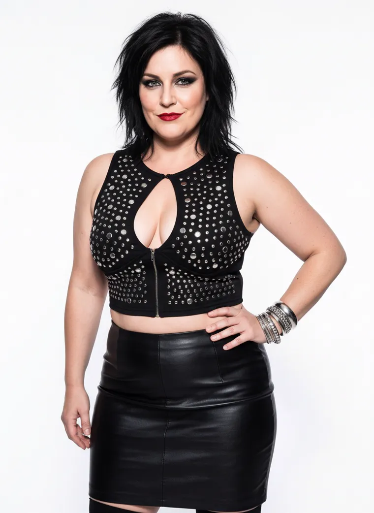 A black studded keyhole crop top with a wet-look mini skirt, sheer black stockings, stacked silver cuffs and heels, on a plus-size model against a white studio wall. Studded Keyhole Crop and Wet-Look Mini in black, frame 1 of 5
