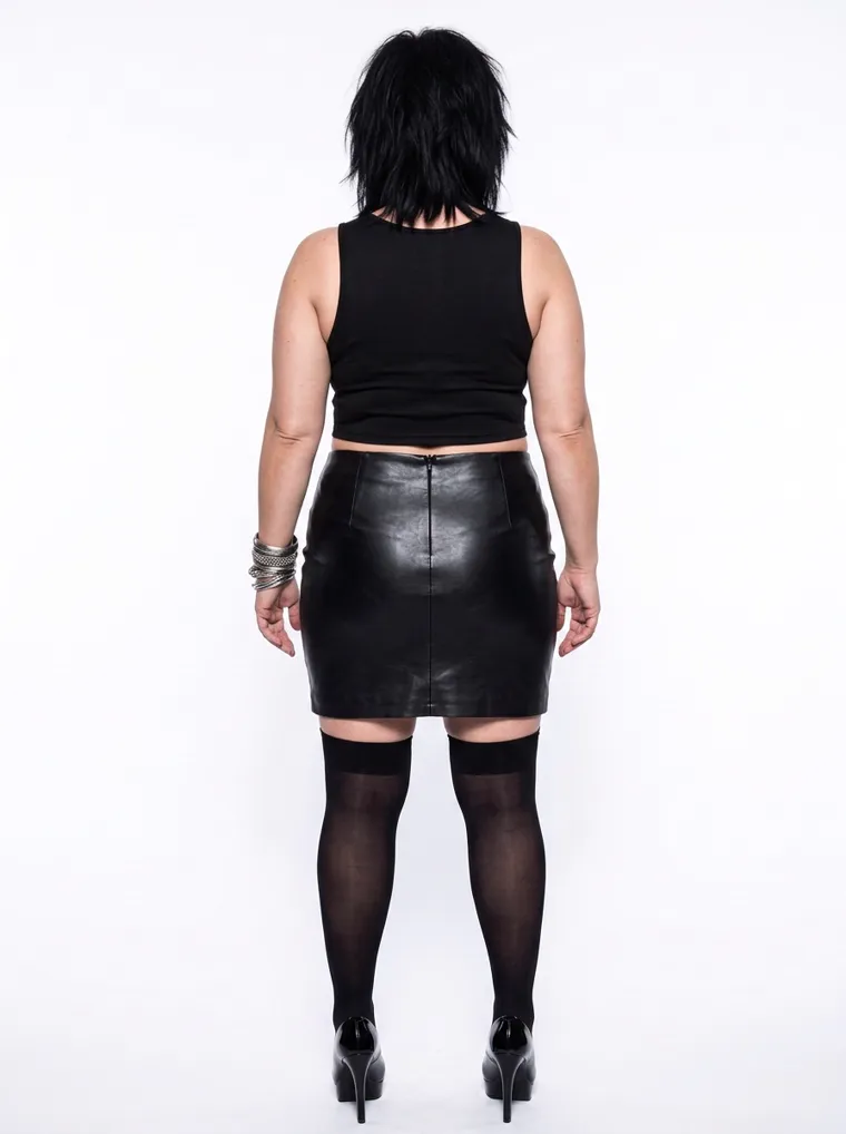 A black studded keyhole crop top with a wet-look mini skirt, sheer black stockings, stacked silver cuffs and heels, on a plus-size model against a white studio wall. Studded Keyhole Crop and Wet-Look Mini in black, frame 5 of 5