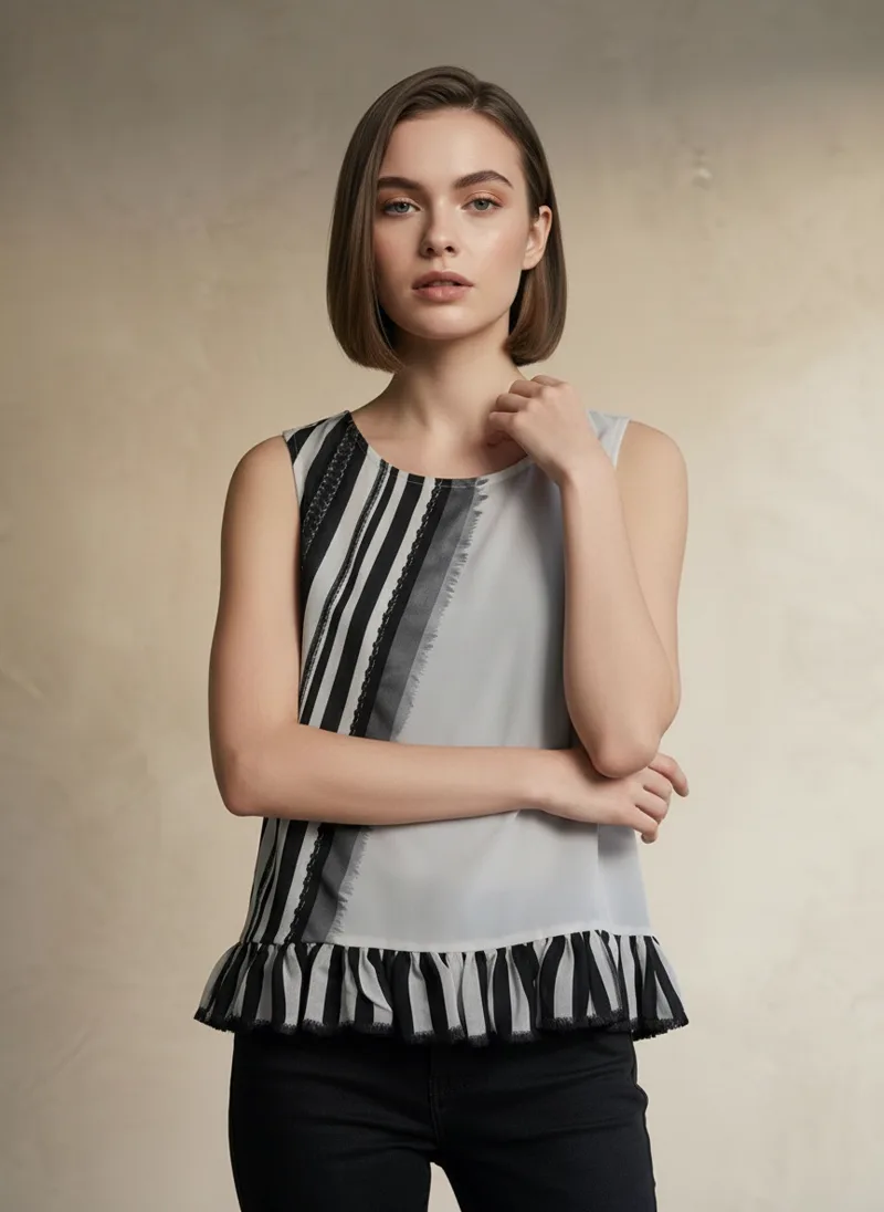 MODA AI output — model in the striped embroidered top, front three-quarter, appliqué stripes aligned