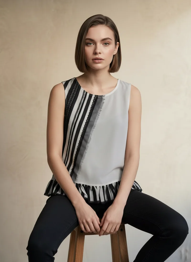 MODA AI output — model seated in the striped embroidered top, ruffle hem visible