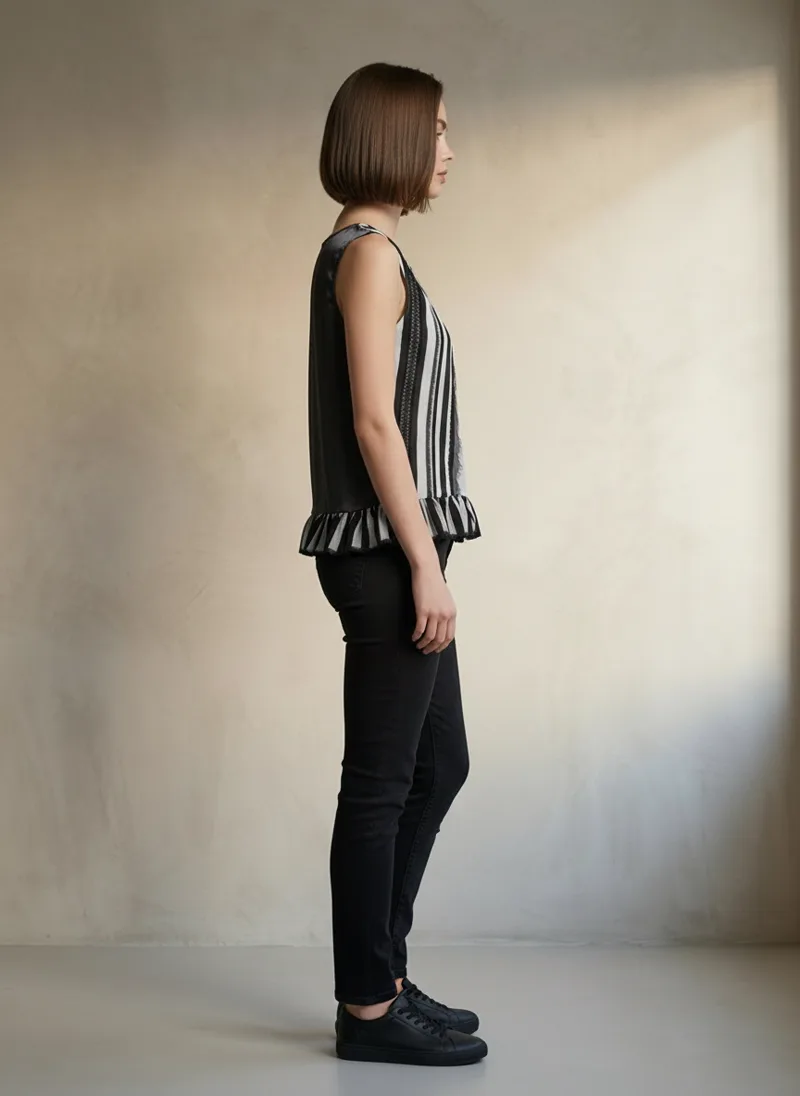 MODA AI output — model side profile in the striped embroidered top, stripes and ruffle held