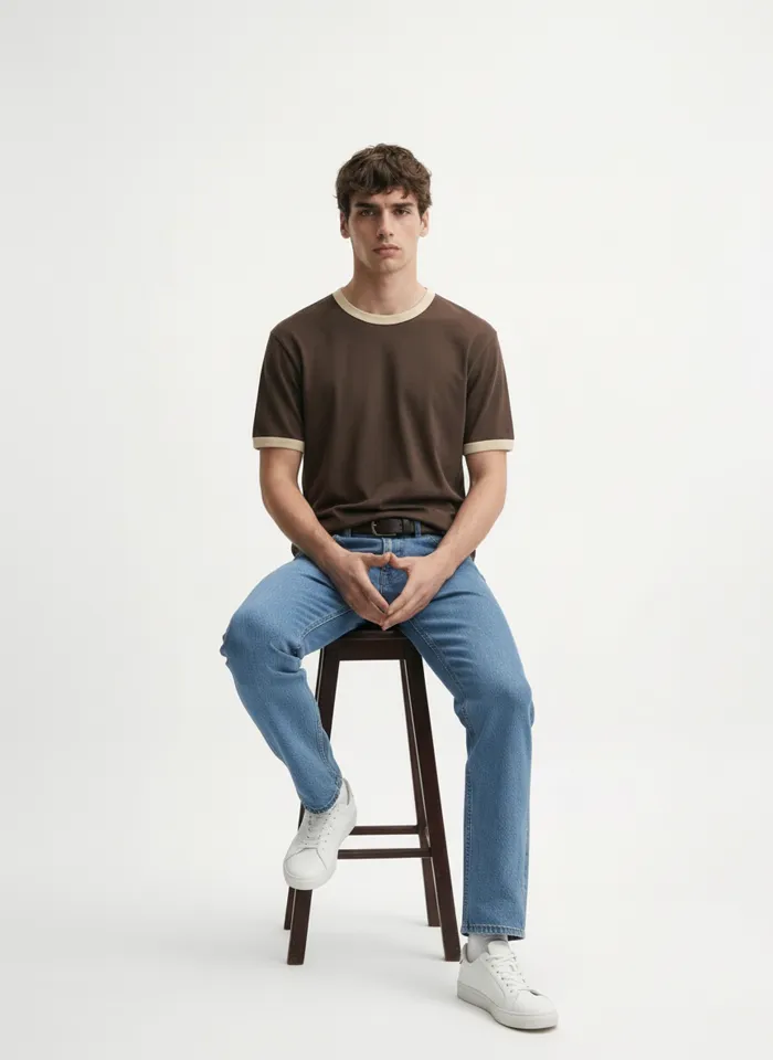 MODA AI on-model output — the brown tee and belted jeans, side profile