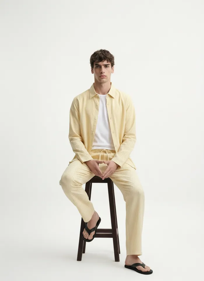 MODA AI on-model output — the yellow menswear set, three-quarter angle