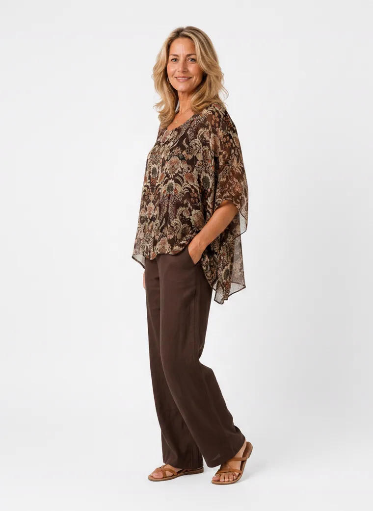 MODA AI on-model output — the paisley kaftan top styled with brown wide-leg trousers, additional catalog angle, generated from a hanger shot in the same clean studio as the rest of the collection
