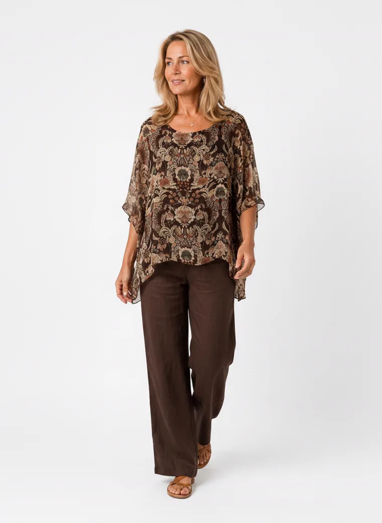 MODA AI on-model output — the paisley kaftan top styled with brown wide-leg trousers, additional catalog angle, generated from a hanger shot in the same clean studio as the rest of the collection