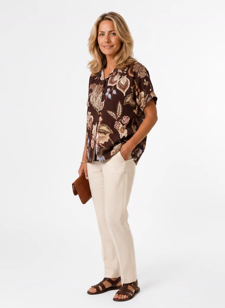 MODA AI on-model output — the brown floral short-sleeve blouse styled with cream trousers, additional catalog angle, generated from a hanger shot in the same clean studio as the rest of the collection