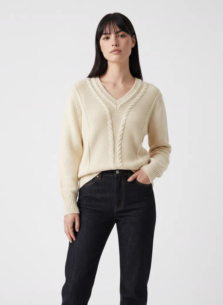 MODA AI output — the cable-knit jumper, three-quarter front with hands in pockets