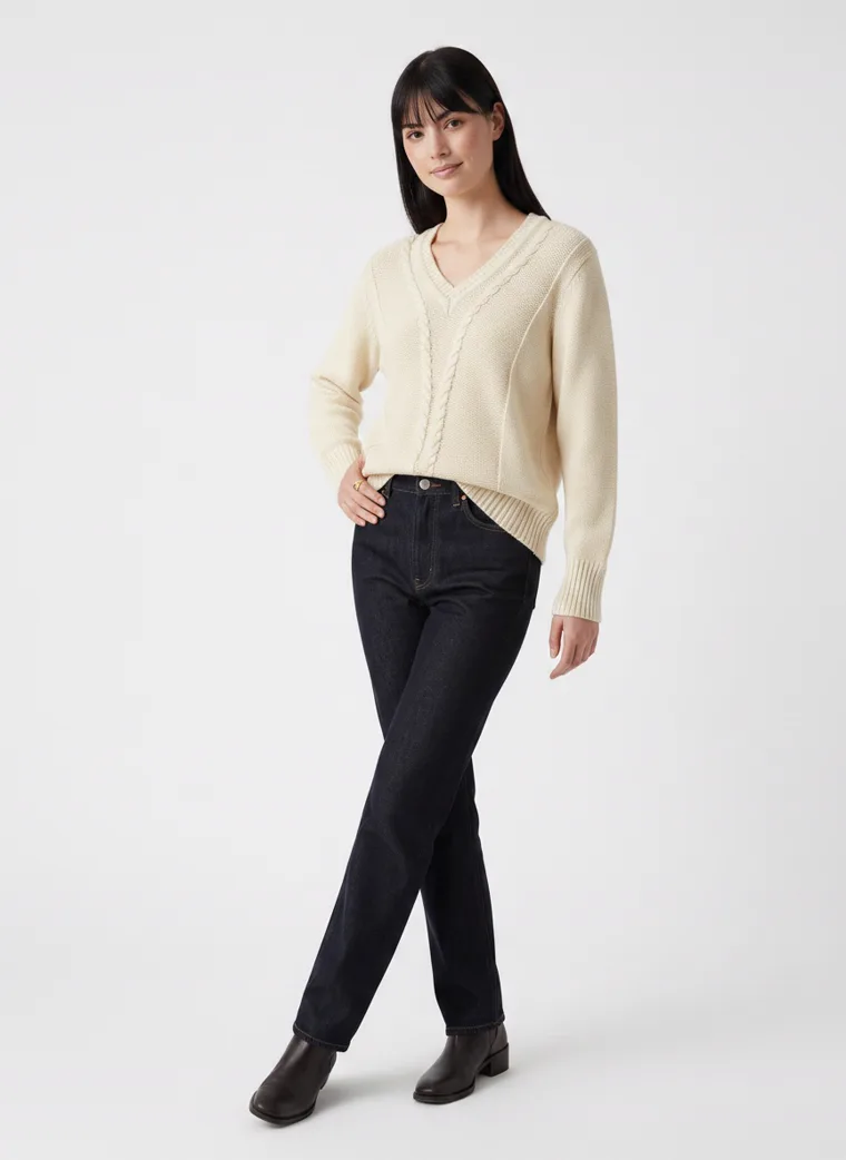 MODA AI output — the cable-knit jumper, full-length walking pose with black boots