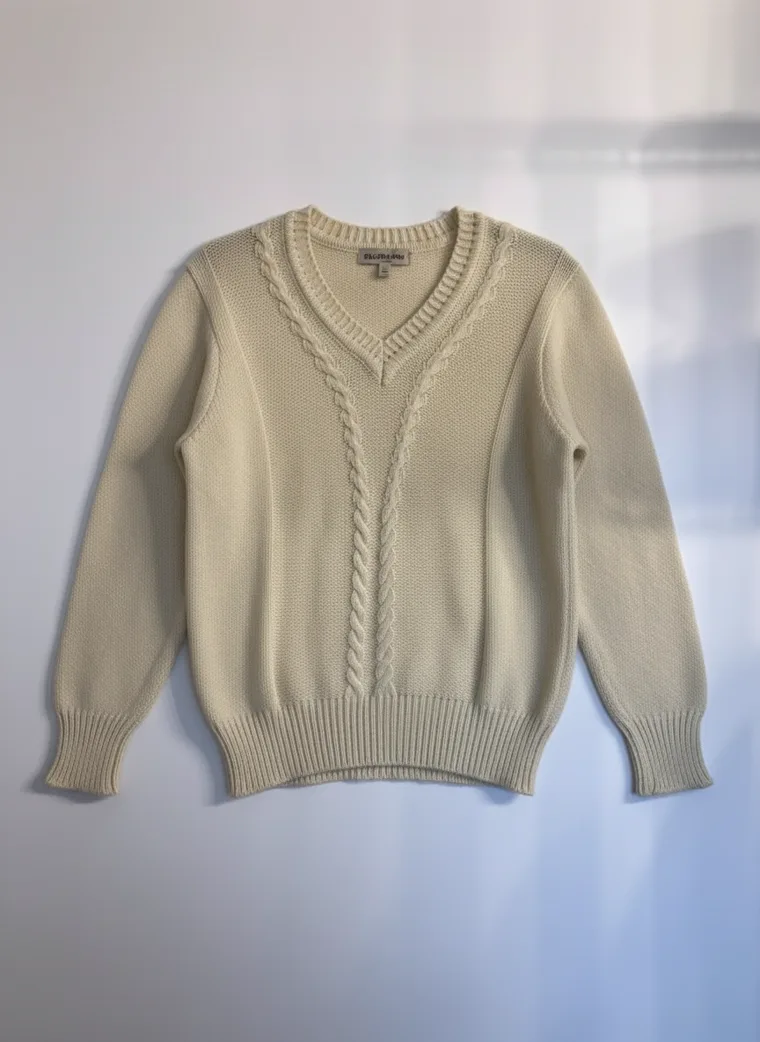 MODA AI output — a clean garment-only product shot of the cream cable-knit jumper with sleeves laid out