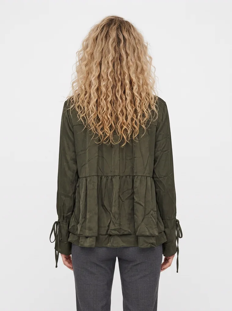 MODA AI output — the olive tiered blouse from behind, matching the back hanger shot that was uploaded