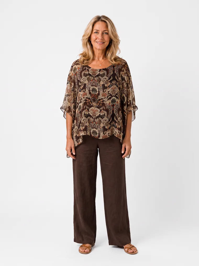 MODA AI output — a woman wearing the paisley kaftan top with brown wide-leg trousers