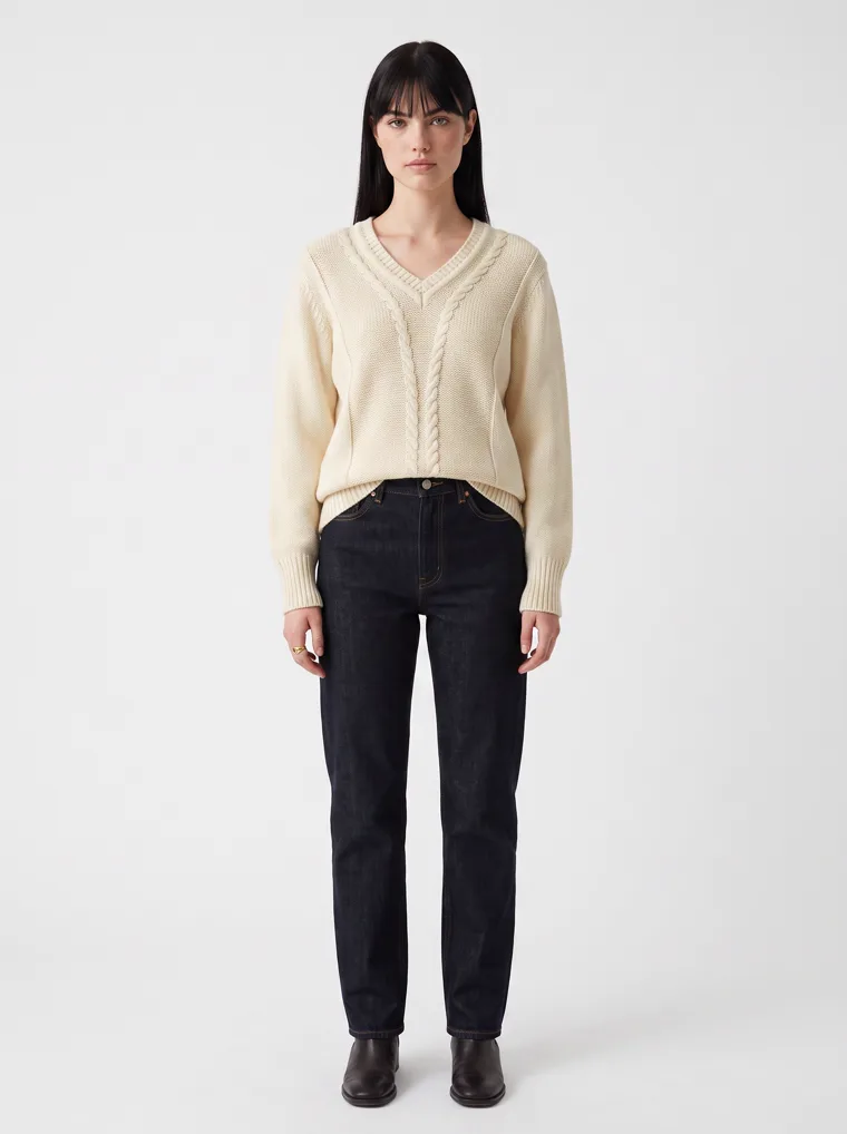 MODA AI output — a dark-haired woman wearing the cream cable-knit jumper with dark denim jeans and black boots