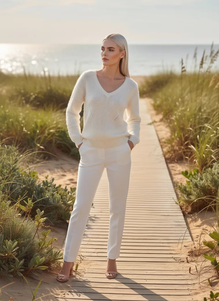 A model in a cream v-neck knit and white trousers walking along a wooden boardwalk through dune grass towards the sea
