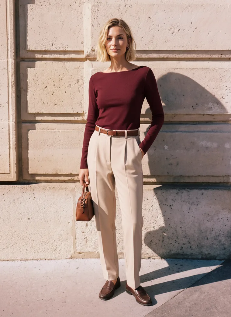 A model in a burgundy top and beige trousers holding a small bag against a sunlit limestone wall