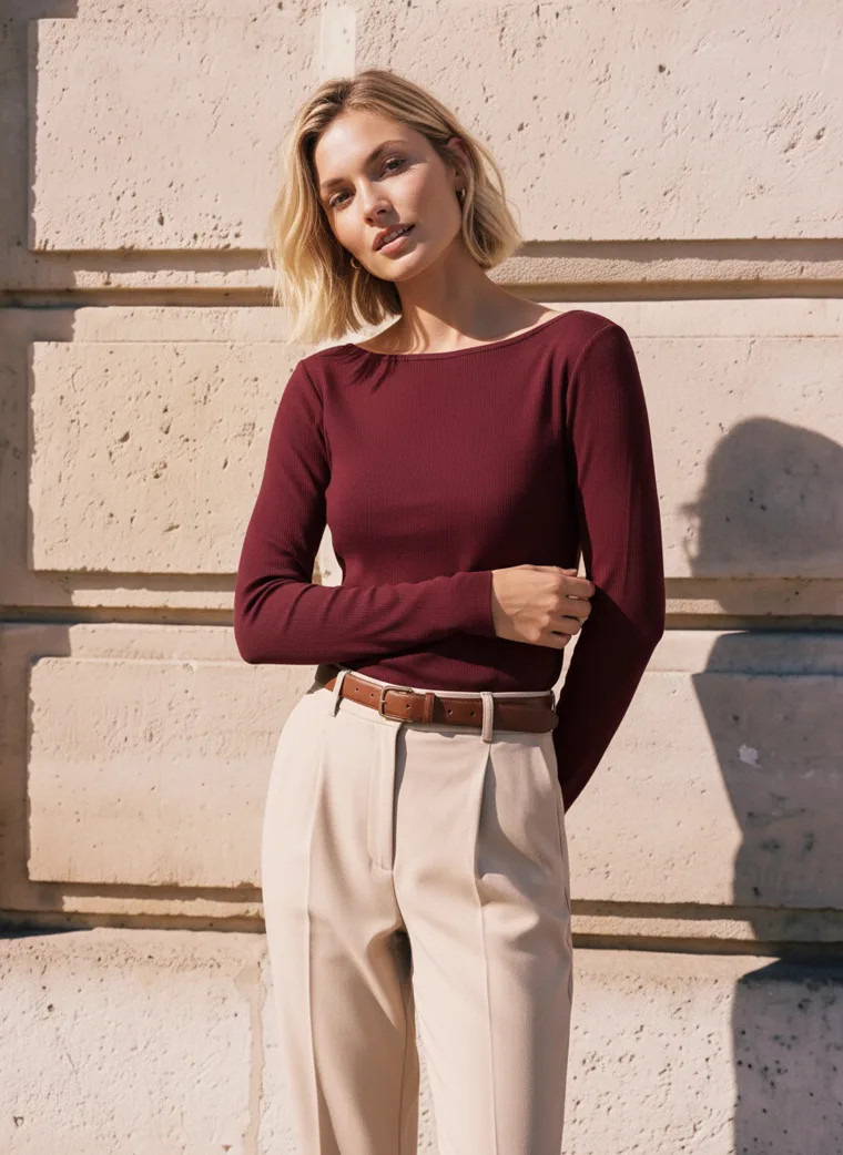 A burgundy boat-neck long-sleeve top with beige pleated trousers, a brown belt and loafers, against a sunlit limestone wall. Boat-Neck Long-Sleeve Top in burgundy, waist-up, arms folded