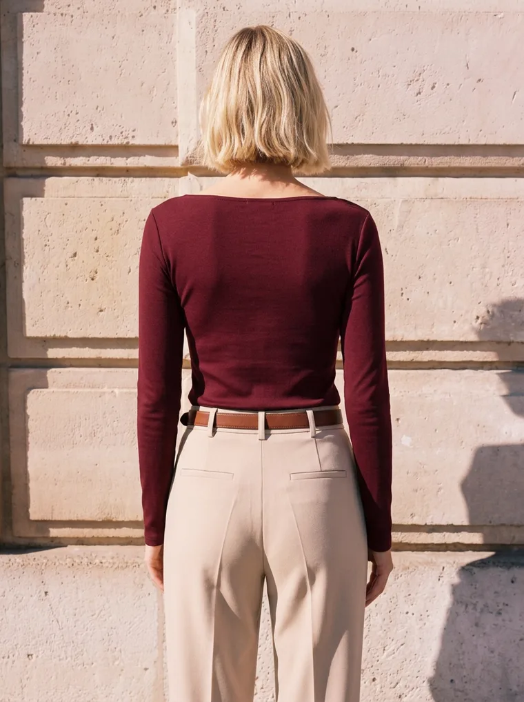 A burgundy boat-neck long-sleeve top with beige pleated trousers, a brown belt and loafers, against a sunlit limestone wall. Boat-Neck Long-Sleeve Top in burgundy, back view