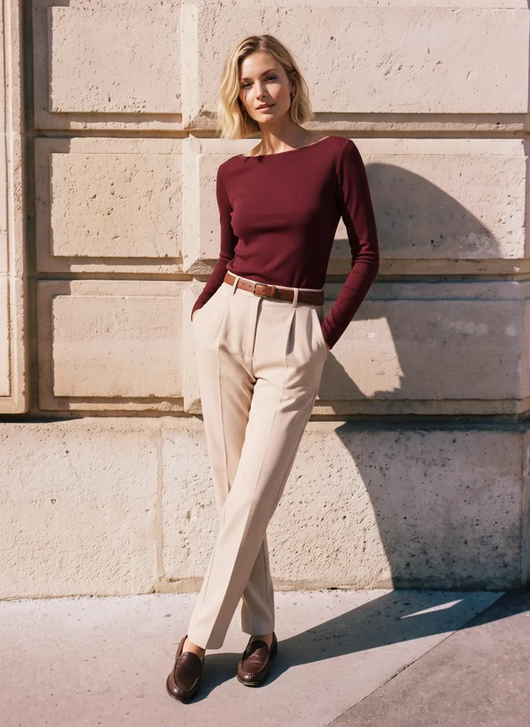 A burgundy boat-neck long-sleeve top with beige pleated trousers, a brown belt and loafers, against a sunlit limestone wall. Boat-Neck Long-Sleeve Top in burgundy, three-quarter, full length