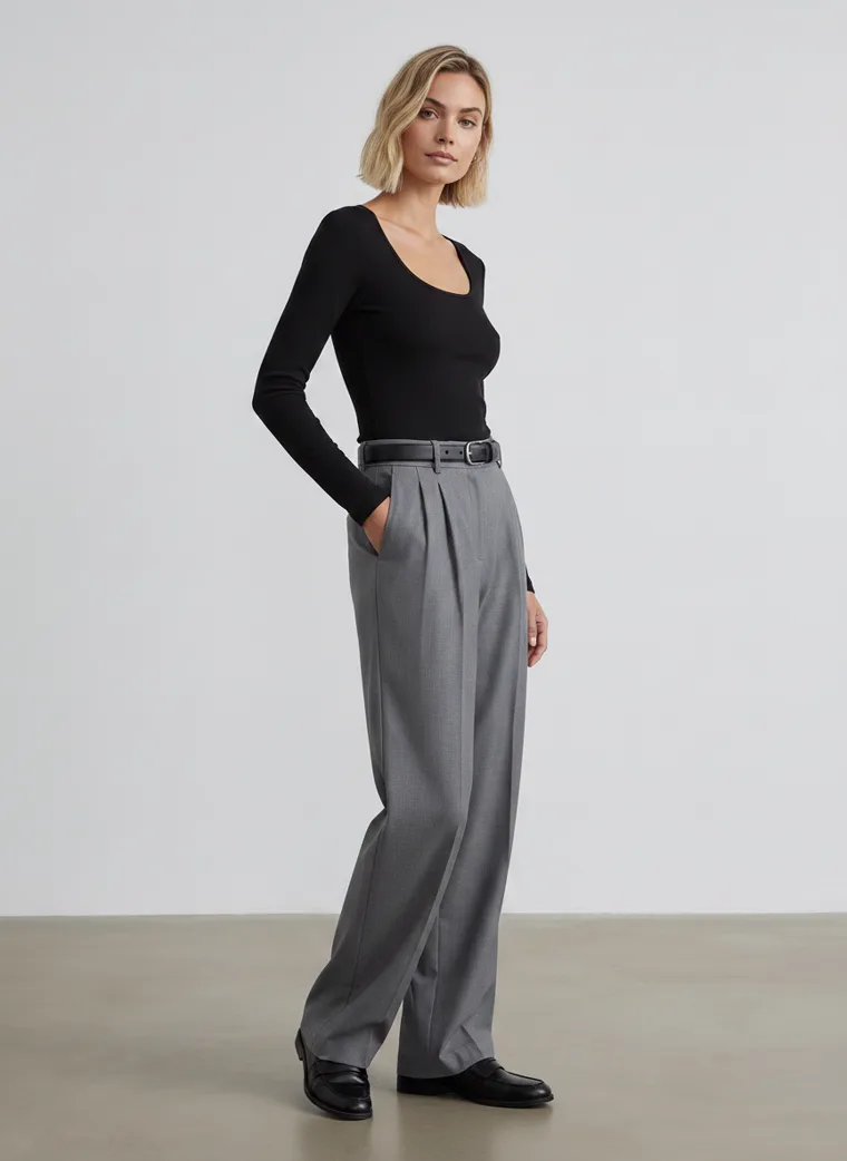 A model in a black scoop-neck long-sleeve top and grey wide-leg trousers in a plain grey studio, three-quarter with a hand in her pocket