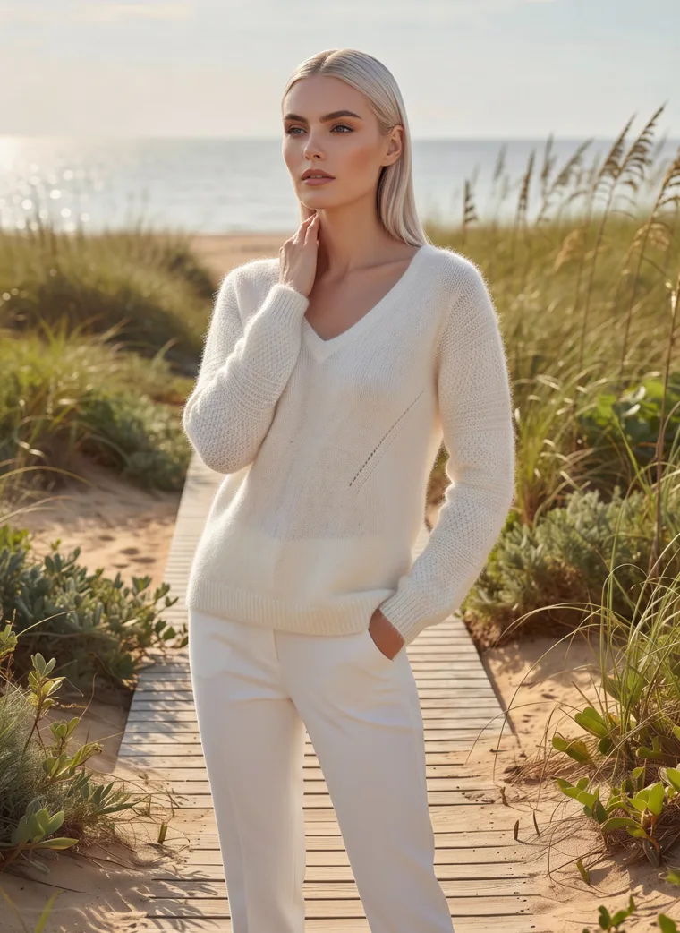 A cream v-neck knit with white trousers on a wooden boardwalk through dune grass by the sea, in late sun. V-Neck Knit in cream, hand at her face