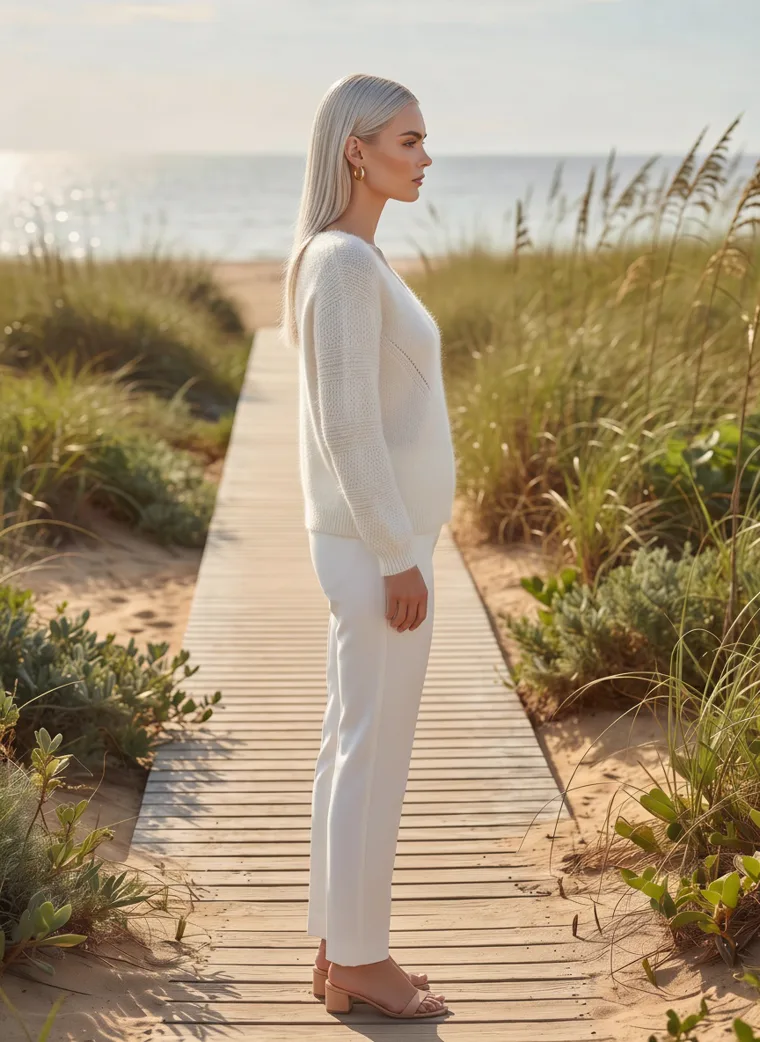 A cream v-neck knit with white trousers on a wooden boardwalk through dune grass by the sea, in late sun. V-Neck Knit in cream, side view