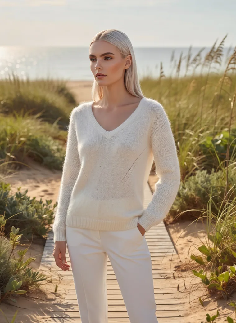 A cream v-neck knit with white trousers on a wooden boardwalk through dune grass by the sea, in late sun. V-Neck Knit in cream, hands in pockets